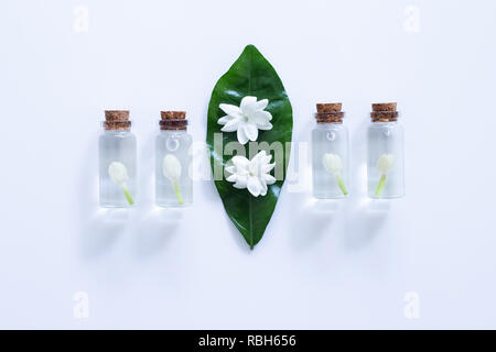 Ätherisches Öl mit Jasmin Blume auf weißen Hintergrund. Stockfoto