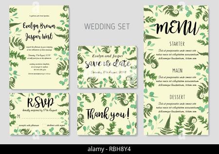 Hochzeit Einladung, floral einladen, Danke, Rsvp card Design: grünen Farnblätter grün, Eukalyptus und Buchsbaum Zweige, Wald, Laub dekorative Stock Vektor