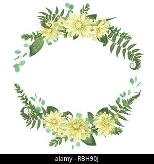 Festliche Blumen Rahmen mit gelber Dahlia Blumen, Farnblätter, Buchsbaum und Eukalyptus ist auf weißem Hintergrund. Vektor Vorlage für Wir Stock Vektor