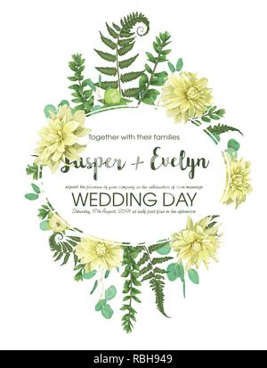 Hochzeit Einladungen, Postkarten, Poster, Datum speichern. Aquarell vektor Ovaler Rahmen mit Blumen von gelben Dahlie, Farnblätter, Buchsbaum und euc Stock Vektor