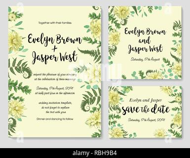 Der Vektor hochzeit einladung, Grußkarte, speichern. Rahmen der grünen Blätter der Farn, Buchsbaum, Blumen von gelben Dahlien und Eukalyptus Zweigen. Wat Stock Vektor