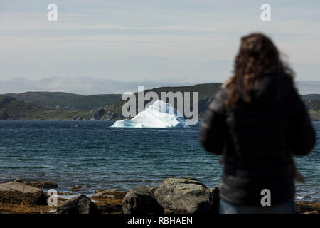 St. Anthony, Neufundland, Kanada - Juli 24, 2018: ein Tourist sieht auf einem Eisberg in St. Anthony Bight an der Labradorsee im nördlichen Bereich der Newfou Stockfoto