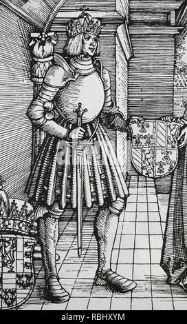 Maximilian I (1459-1519). Kaiser des Heiligen Römischen Reiches. Kupferstich von Dürer. Die Verlobung von Maximilian I. und Maria von Burgund. Detail. Stockfoto