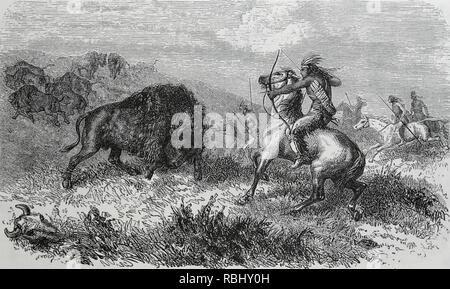 In den Vereinigten Staaten. Native Americans. Bison Jagd. Gravur, 19. Stockfoto