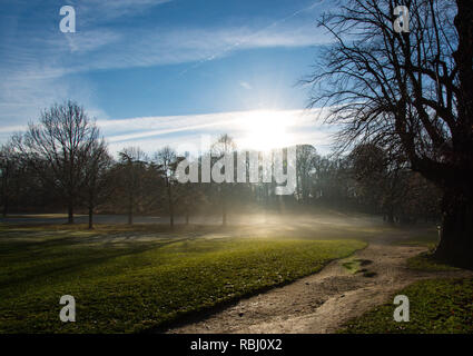 Misty Winter Sonnenaufgang am Wollaton Hall und Deer Park in Nottingham, einen schlammigen Weg in Richtung der bezaubernden Wald. Nottinghamshire England UK (2018) Stockfoto