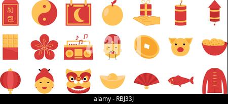 Das chinesische Neujahr Icon Set, traditionelle Zeichen von China, tanzen Löwe, Orange, Laternen, etc. Stock Vektor