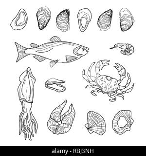 Hand gezeichnet Meeresfrüchte Sammlung auf Weiß. Fisch, Krabben, Tintenfisch, Austern, Garnelen, Muscheln, Lachs Stock Vektor