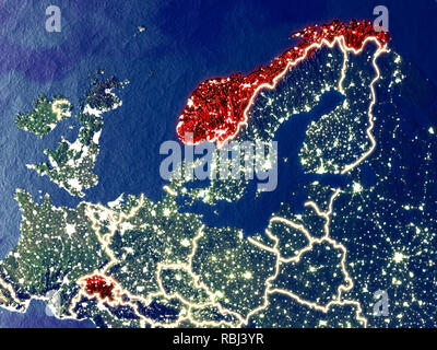 EFTA-Länder aus dem Weltraum auf die Erde bei Nacht. Sehr feine Details der Plastic Planet Oberfläche mit hellen Lichter der Stadt. 3D-Darstellung. Elemente dieser Stockfoto