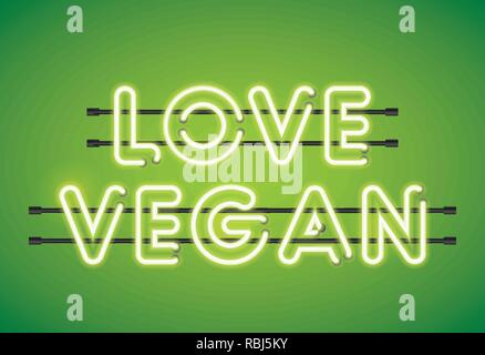 Vegan Neon Love Leuchtstofflampen Nachricht auf einem grünen Hintergrund Stock Vektor