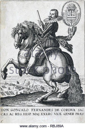 Gonzalo Fernández de Córdoba, 1453 - 1515, war ein spanischer General und Staatsmann, erfolgreichen militärischen Kampagnen führte während der Eroberung von Granada und der italienischen Kriege, Radierung von Böhmische Kupferstecher Wenzel Hollar aus 1600s Stockfoto