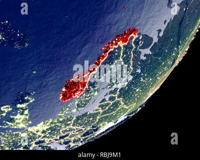 Norwegen von Speicherplatz auf dem Modell der Erde bei Nacht. Sehr feine Details der Plastic Planet Oberfläche und sichtbaren hellen Lichter der Stadt. 3D-Darstellung. Elemente Stockfoto