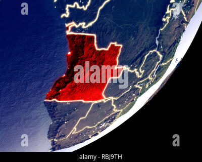 Angola von Speicherplatz auf dem Modell der Erde bei Nacht. Sehr feine Details der Plastic Planet Oberfläche und sichtbaren hellen Lichter der Stadt. 3D-Darstellung. Elemente Stockfoto