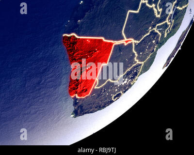 Namibia von Speicherplatz auf dem Modell der Erde bei Nacht. Sehr feine Details der Plastic Planet Oberfläche und sichtbaren hellen Lichter der Stadt. 3D-Darstellung. Element Stockfoto