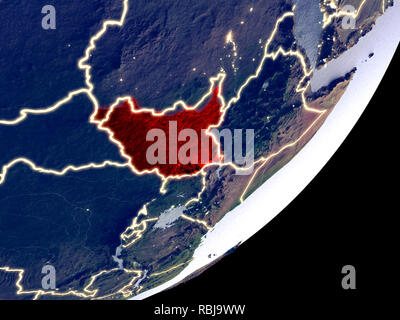 Der Süden des Sudan von Speicherplatz auf dem Modell der Erde bei Nacht. Sehr feine Details der Plastic Planet Oberfläche und sichtbaren hellen Lichter der Stadt. 3D-Darstellung. Ele Stockfoto