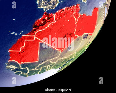 Maghreb von Speicherplatz auf dem Modell der Erde bei Nacht. Sehr feine Details der Plastic Planet Oberfläche und sichtbaren hellen Lichter der Stadt. 3D-Darstellung. Stockfoto