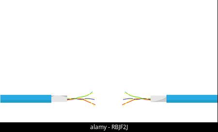 Beschädigte blaue, elektrische Kabel auf weißem Hintergrund. Gefährliche elektrische Kabel kaputt macht. Vector Illustration. Stock Vektor