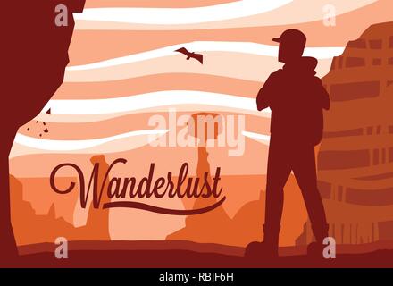 Szene Landschaft Wüste mit Reisenden wanderlust Vector Illustration Design Stock Vektor