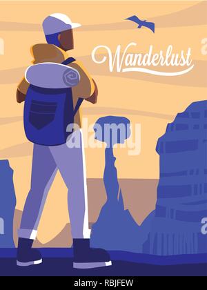 Szene Landschaft Wüste mit Reisenden wanderlust Vector Illustration Design Stock Vektor