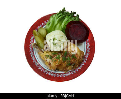 Andesteg, Dänische weihnachten Entenbraten, hausgemachte Küche, Traditionelle verschiedene Gerichte, Ansicht von oben. Stockfoto