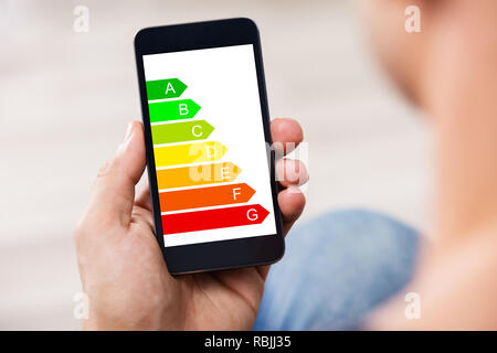 Close-up In eines Mannes Hand Handy mit Energieeffizienz Grafik auf dem Bildschirm Stockfoto