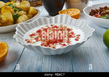 Balsamico Granatapfel Labneh, nahöstliche Küche der Levante, Traditionelle verschiedene Gerichte, Ansicht von oben Stockfoto