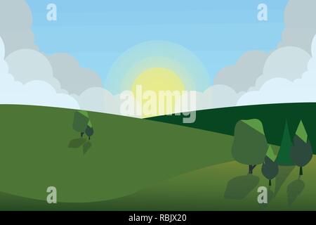 Vector Illustration der Felder Landschaft mit grünen Hügeln, blauer Himmel, und Wald im flachen Stil. Ländliche Landschaft. Vector Illustration. Stock Vektor