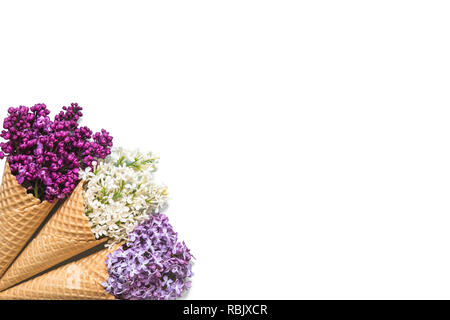 Eistüten mit bunten lila Blumen auf weißem Hintergrund. top anzeigen. Flach Stockfoto