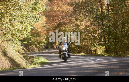 Bärtige Motorradfahrer im Helm mit Sonnenbrille und schwarzem Leder kleidung reiten Motorrad entlang leer Asphaltstraße Wicklung unter hohen grünen Bäume auf hellen, sonnigen Herbsttag. Aktiver Lebensstil Konzept. Stockfoto