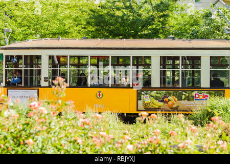 Mailand, Italien - 28. APRIL 2017: die Straßenbahn auf der Straße von Mailand, Italien. Mailand Straßenbahnnetzes in Betrieb seit 1881 und das Netzwerk ist jetzt ca. 115 km. l Stockfoto