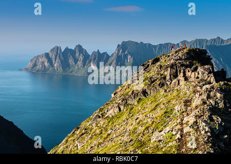 Wanderer auf dem Berg Husfjell, Blick auf die Bergkette Okshornan im Rücken, Gipfel über dem Fjord, Insel Senja, Troms, Nordnorwegen, Norwegen Stockfoto