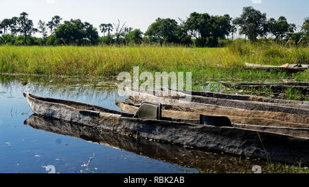 Makoro dugout Kanus in der Stille Wasser Sumpf, Okavango Delta, Botswana, Afrika wider Stockfoto