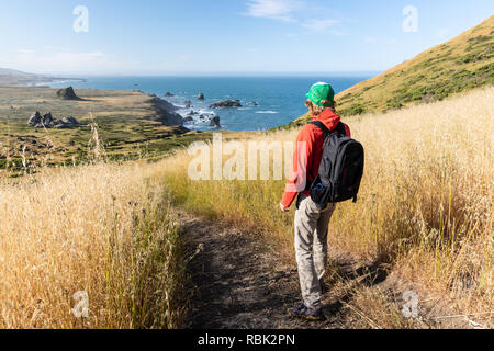 Ein Wanderer Pausen ein Ozean Küste Blick entlang der Kortum Trail in Sonoma Coast State Park zu bewundern. Stockfoto