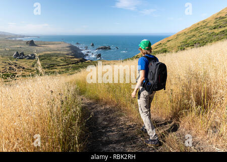 Ein Wanderer Pausen ein Ozean Küste Blick entlang der Kortum Trail in Sonoma Coast State Park zu bewundern. Stockfoto