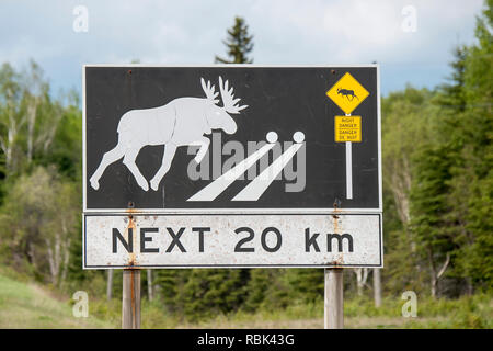 Ontario, Kanada. Moose Crossing Schild an der Trans-Canada Highway. Stockfoto