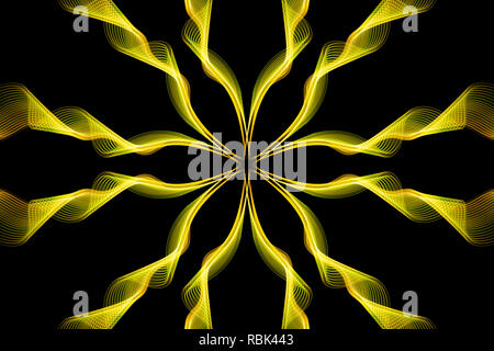 Abstrakte Motion Graphics mit Gelb Spiralen und Fraktale auf schwarzem Hintergrund. Parametrische Bewegung. Abstrakte futuristischen Raum Hintergrund. Stockfoto