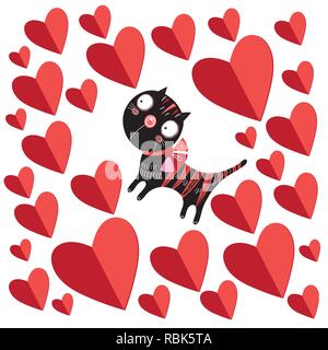 Festliche Karte mit einer Katze in Liebe auf einen weißen Hintergrund mit Herz Stock Vektor