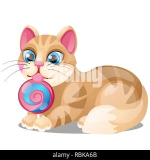 Gestreifte Katze leckt Lollipop auf weißem Hintergrund. Vektor cartoon Close-up Abbildung. Stock Vektor