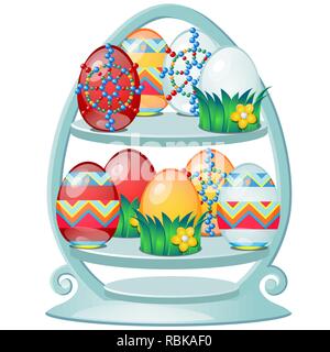 Set aus bunten Ostereier mit Muster auf einer stilisierten Regal auf weißem Hintergrund. Vektor cartoon Close-up Abbildung. Stock Vektor