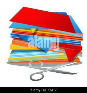 Ein Stapel mit farbigem Papier und Büro Schere auf weißem Hintergrund. Vektor cartoon Close-up Abbildung. Stock Vektor
