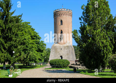 Blick auf den Turm (Chindia Sunset Tower) zwischen Bäumen der fürstlichen Hof in Targoviste, Rumänien. Stockfoto