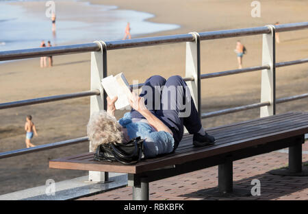 Reife Frau lesen Buch mit Blick auf den Strand. Stockfoto