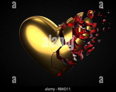 Bruch und der Auflösung goldenes Herz mit roten cyrstal innen zum Valentinstag. 3D-Darstellung Stockfoto