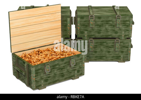 Militärische Munition aus Holz Boxen mit Gewehrkugeln, 3D-Rendering auf weißem Hintergrund Stockfoto