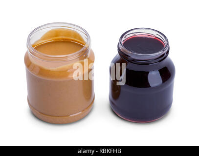 Öffnen Peanut Butter und Marmelade Jar isoliert auf weißem Hintergrund. Stockfoto