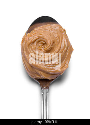 Löffel mit Peanut Butter Swirl isoliert auf weißem Hintergrund. Stockfoto