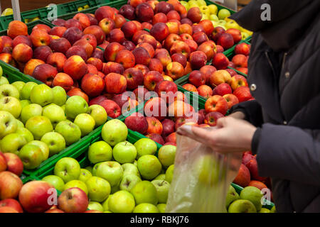 Der Käufer wählt die Äpfel an der Theke im Supermarkt, Sie sie in das Paket, sondern das Grün zu Rot. Eine Frau kauft Äpfel, stellt gr Stockfoto