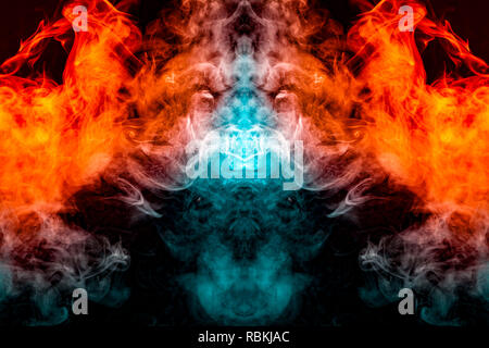 Winken, transluzente Rauch, durch Licht gegen einen dunklen Hintergrund beleuchtet, in zwei Farben: Blau und Rot, verbrannt, Verdrehen in einem dramatischen silho unterteilt Stockfoto