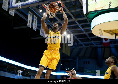 London, Ontario, Kanada. 10. Januar, 2019. Die Cape Breton Highlanders kam in London mit 11 und 6 Datensatz und spielte eine sehr entschlossene London Blitz Mannschaft, die das Spiel in überstunden nahm. In der 5 Minute Quartal die Highlanders dominiert die Blitze und zog ein 129-122 Sieg. Marcus Kapern (14) mit einem großen Dunk vs Cape Breton. Lukas Durda/Alamy leben Nachrichten Stockfoto