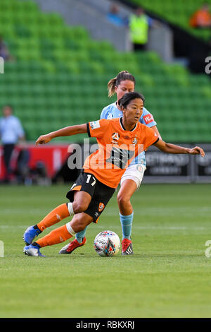 AAMI Park, Melbourne, Australien. 11 Jan, 2019. W Liga Fußball, die Stadt Melbourne und Brisbane Roar; Yuki Nagasato des Brisbane Roar läuft aus Verteidigung Credit: Aktion plus Sport/Alamy leben Nachrichten Stockfoto