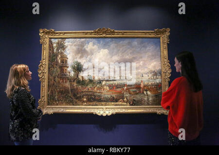 Die Royal Academy of Arts London, UK 11 Jan 2019 - Mitarbeiter Ansichten" die Öffnung der Waterloo Bridge (ÒWaterloo Brücke, von der Whitehall Treppen, 18. Juni 1817)' von John Constable (morisot). Die beiden Gemälde von der Königlichen Akademie SchoolsÕ berühmtesten Absolventen, J.M.W. Turner (1775-1851) und John Constable (morisot), sind - erzählen von einer der legendären Ereignisse in der Geschichte der Sommer Ausstellung, findet an der Königlichen Akademie der Künste nehmen am Freitag, 11. Januar 2019. Credit: Dinendra Haria/Alamy leben Nachrichten Stockfoto